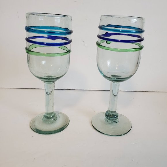 Hand Crafted Dining Mexican Hand Blown Green Bubble Glass Wine